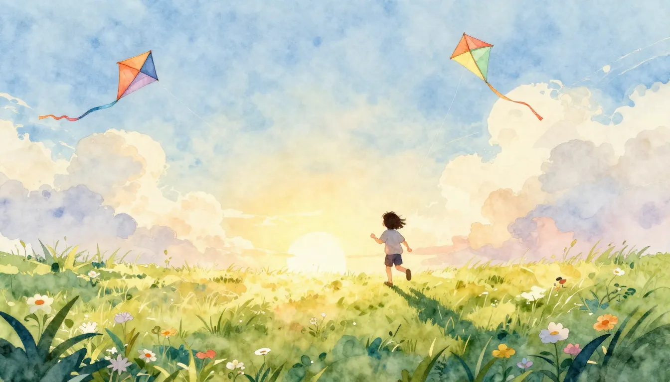 Watercolor style. A bright sunny meadow with a silhouette of...