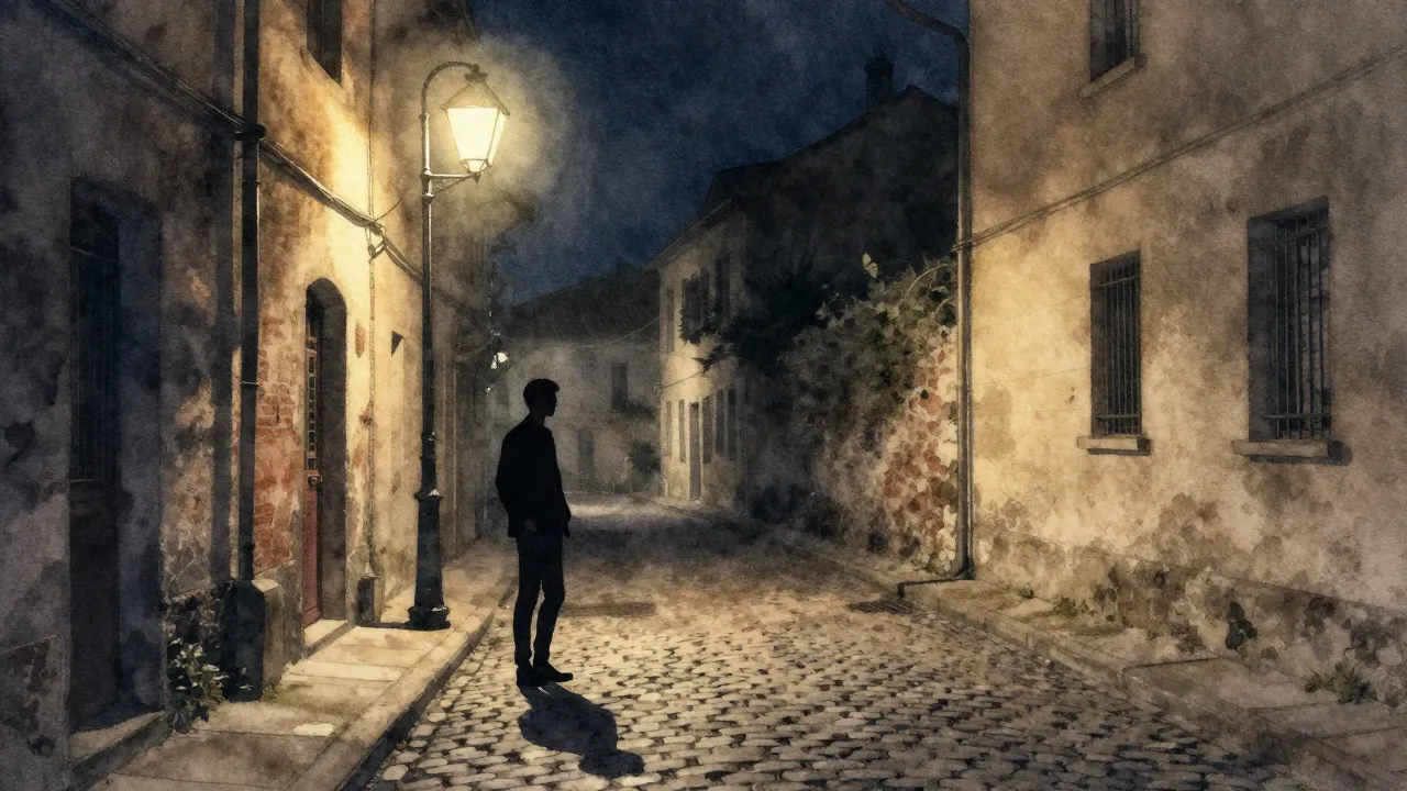 Watercolor style. A lonely silhouette of a man standing unde...