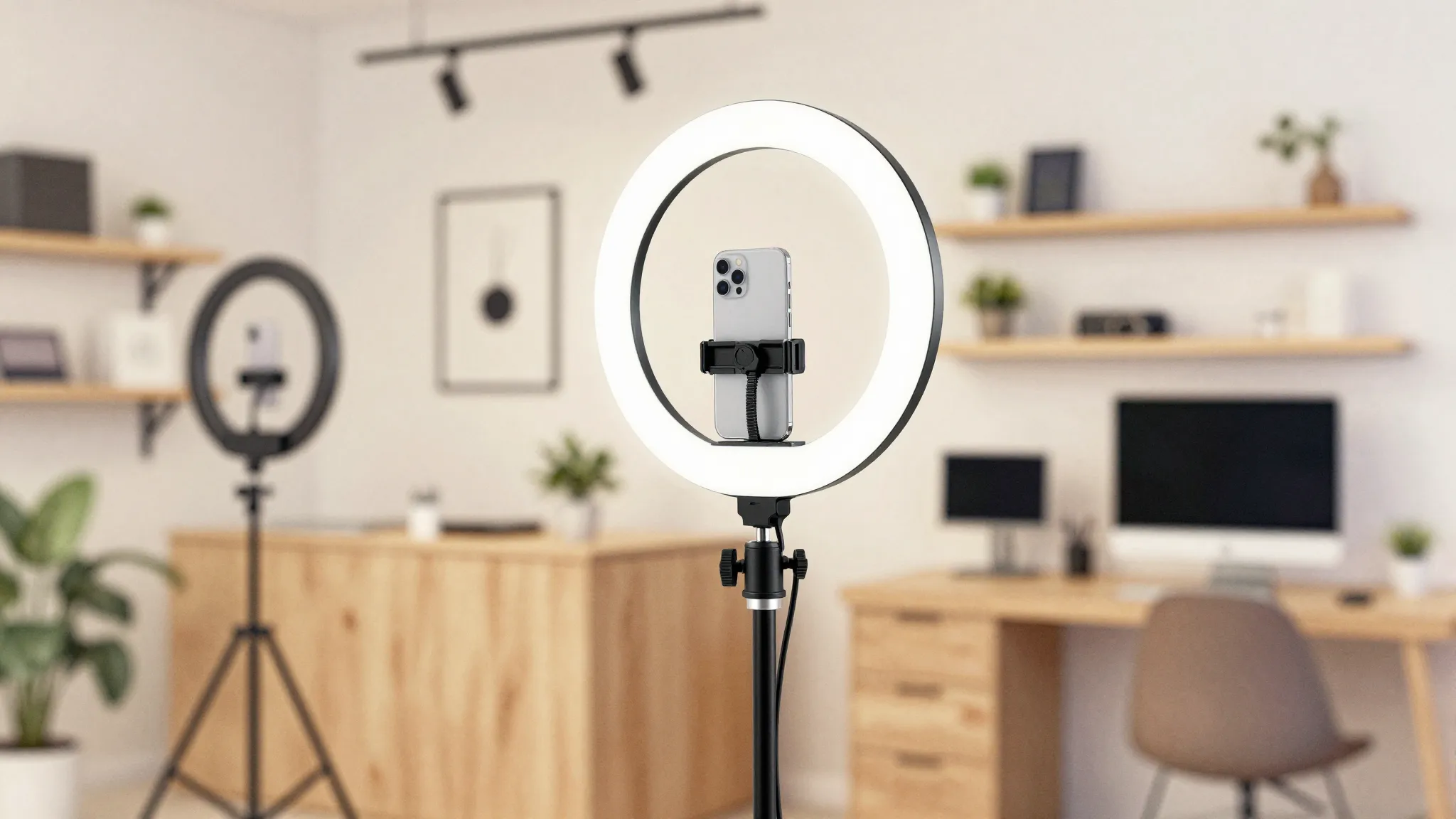 Watercolor style. A professional LED ring light on a tripod ...