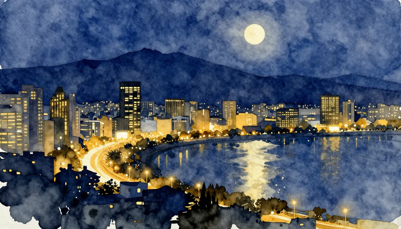 Watercolor style. Night cityscape with glowing lights, silho...