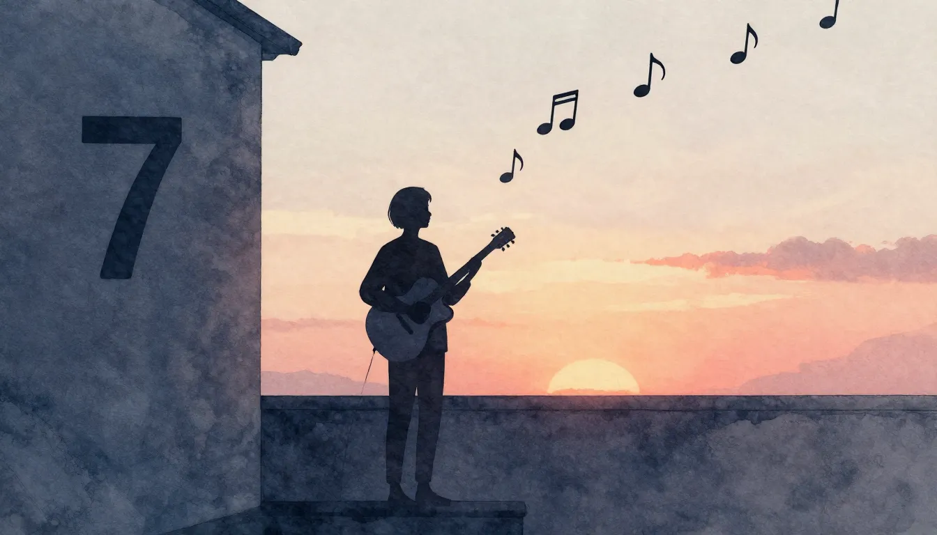 Watercolor style. Silhouette of a person with a guitar stand...