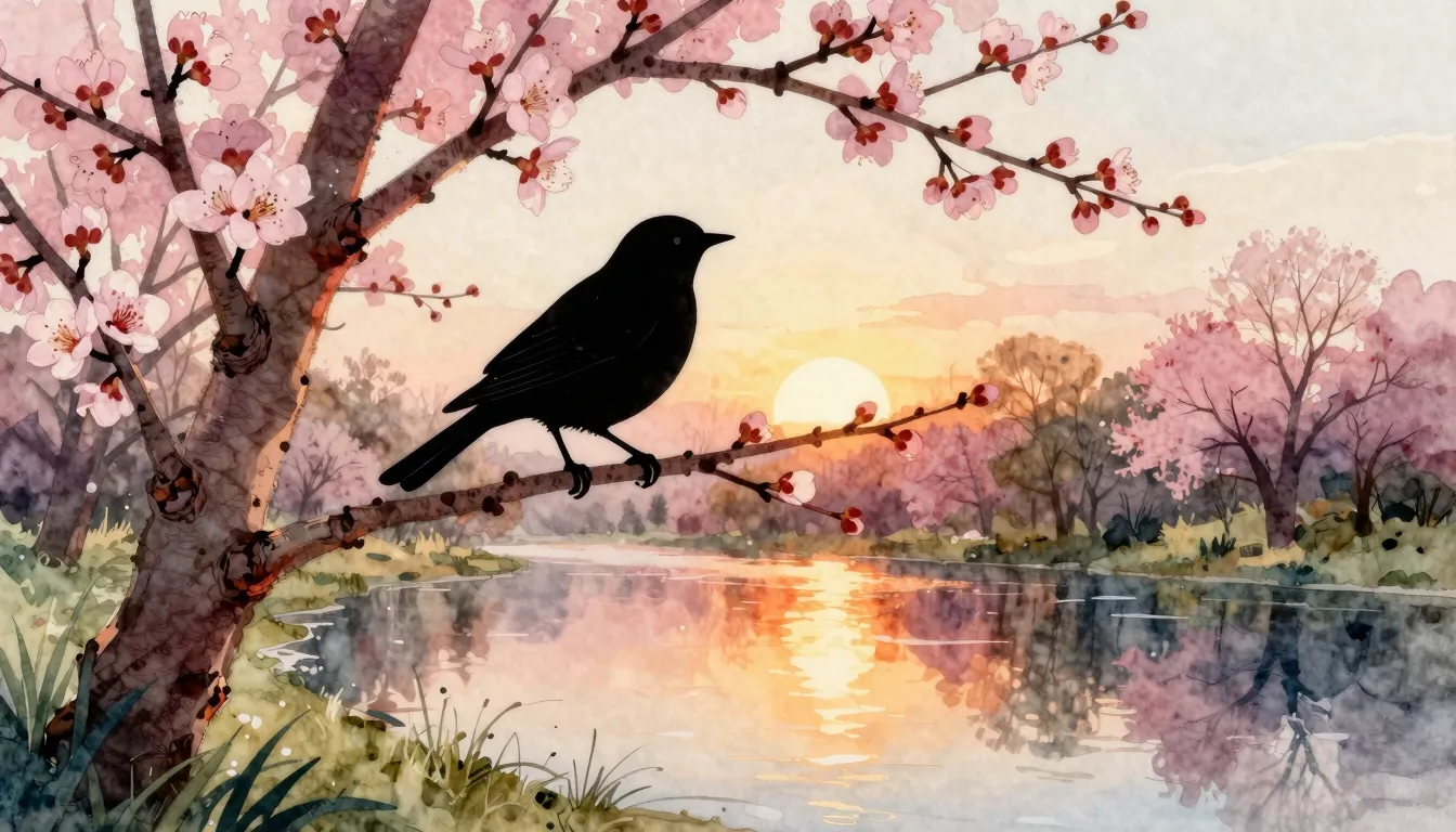 Watercolor style. Silhouette of a bird on a blooming tree br...