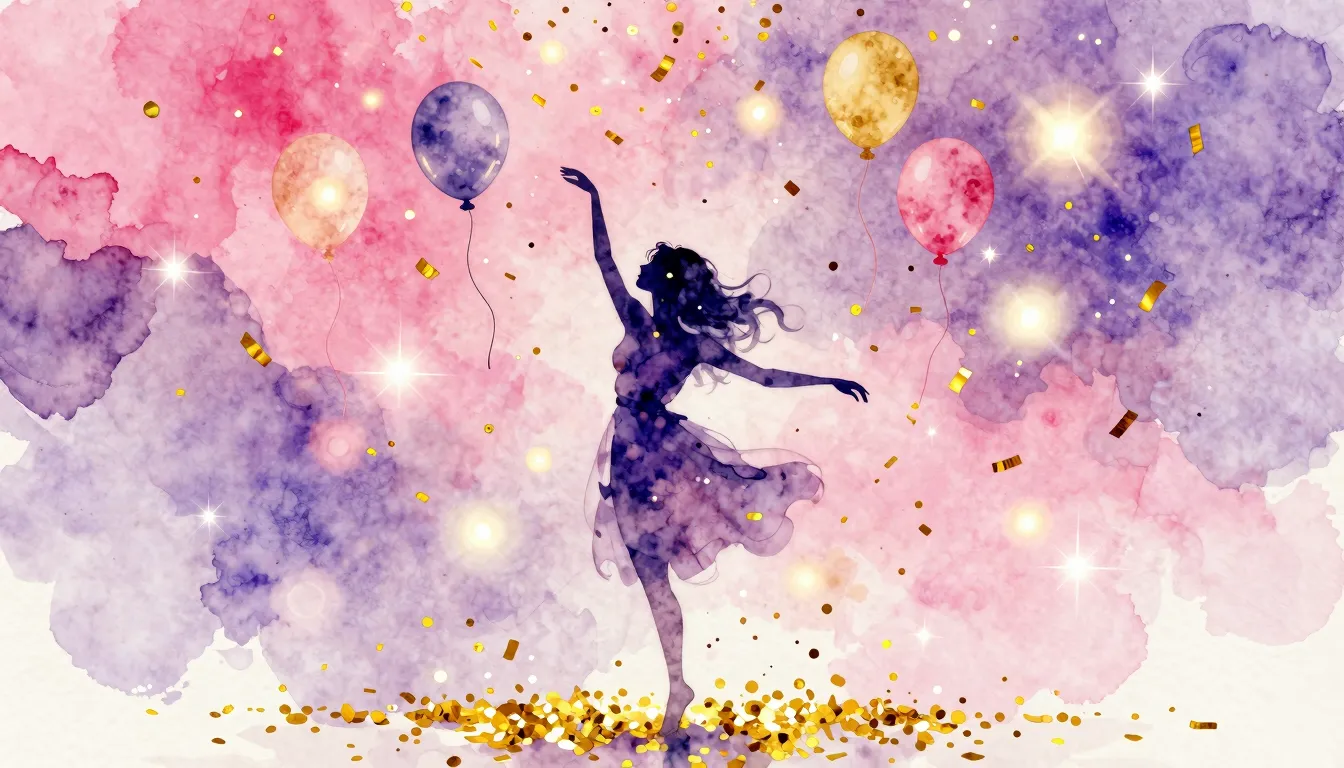 Watercolor style. A silhouette of a woman dancing under a ra...