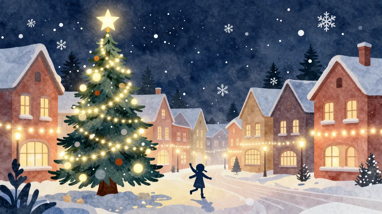 Watercolor style. Vector illustration of a night winter town...