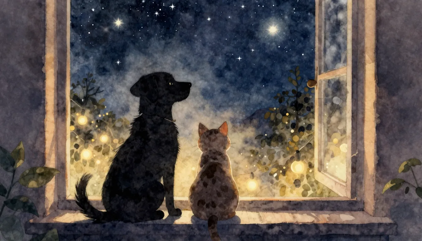 Watercolor style. Silhouette of a dog and a cat sitting toge...