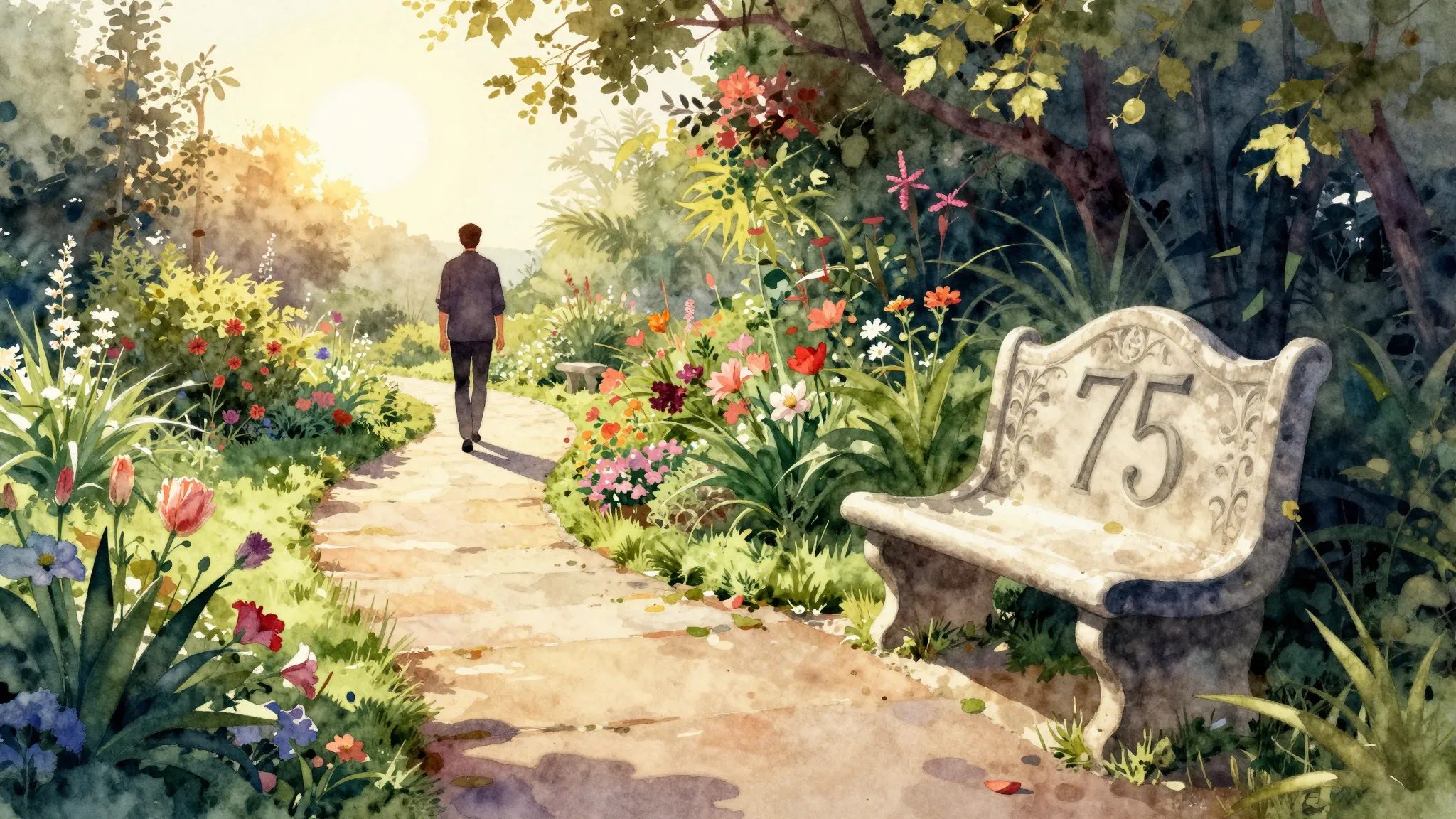 Watercolor style. A lush, vibrant garden with a winding path...