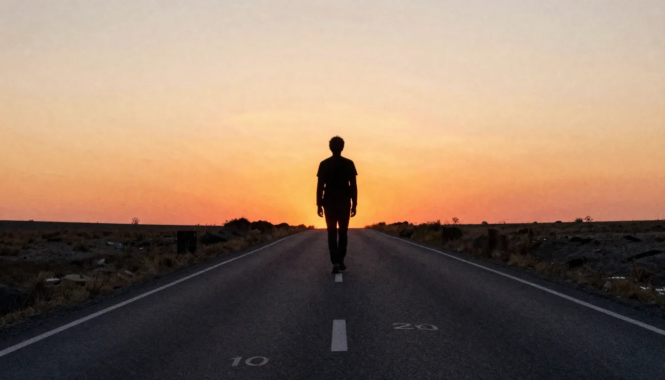 Watercolor style. A lonely silhouette walking on a long road...