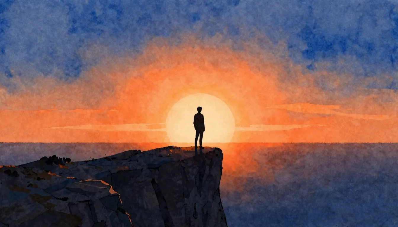 Watercolor style. A dark silhouette of a figure standing on ...