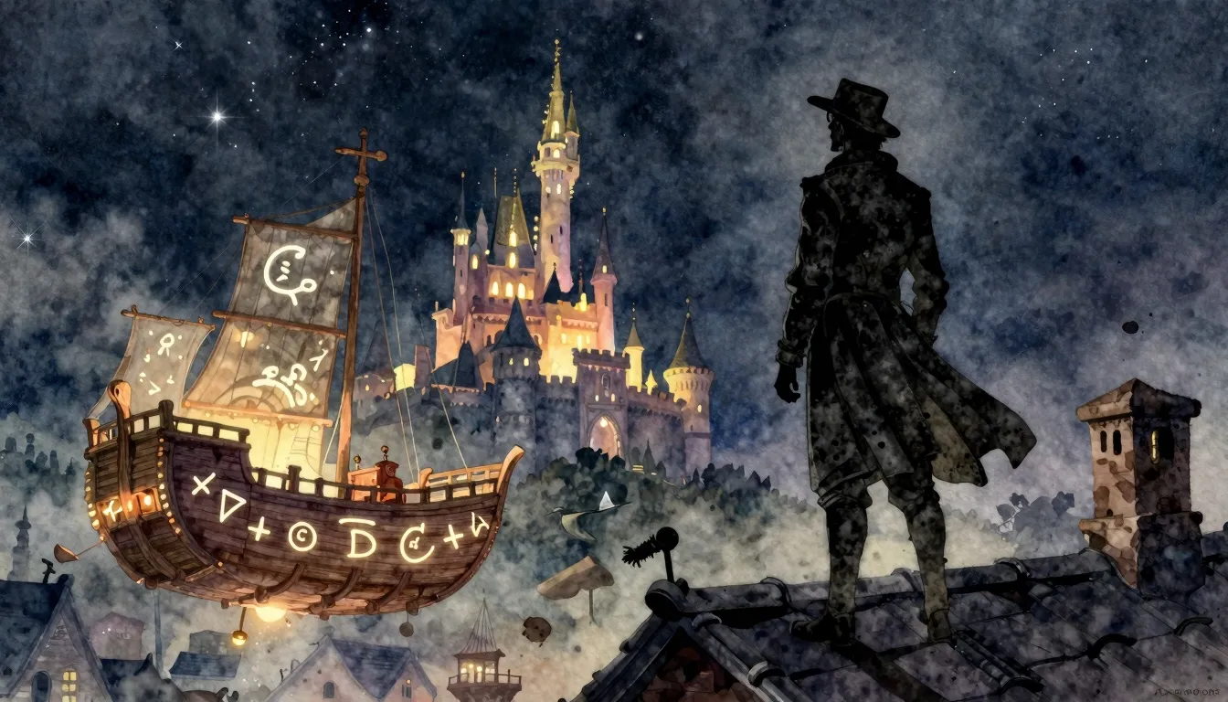 Watercolor style. A silhouette of a man in old-fashioned clo...
