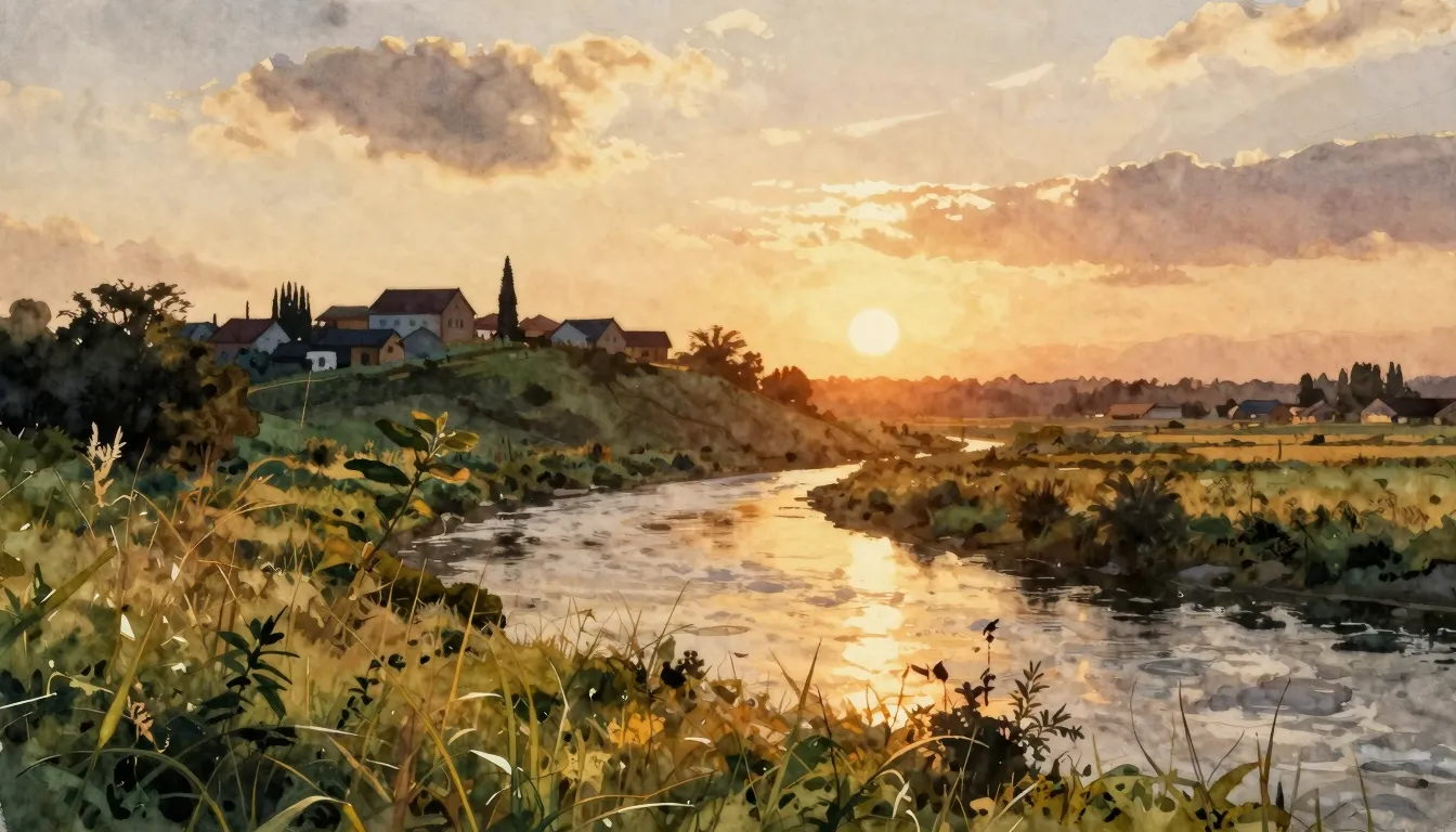 Watercolor style. A nostalgic landscape of a winding river a...