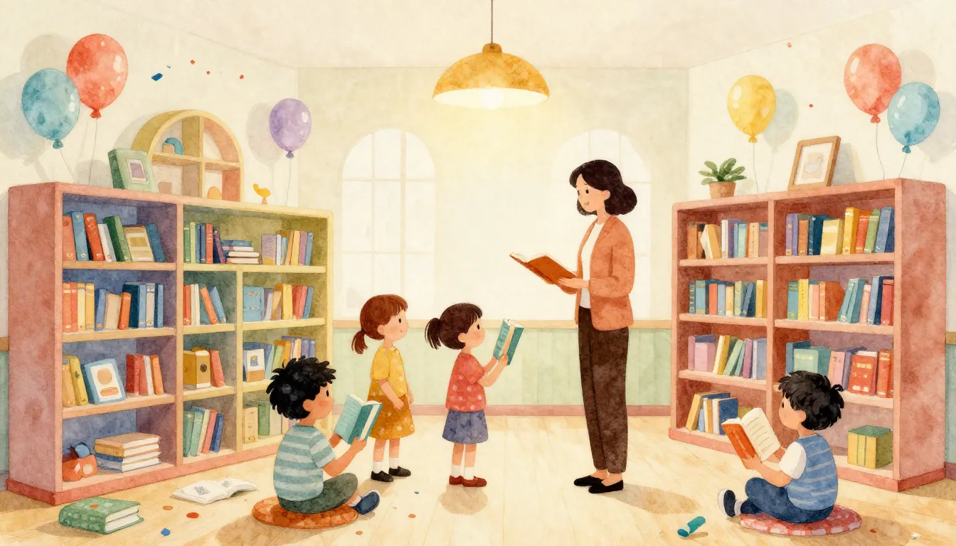 Watercolor style. A cozy children's library interior with co...