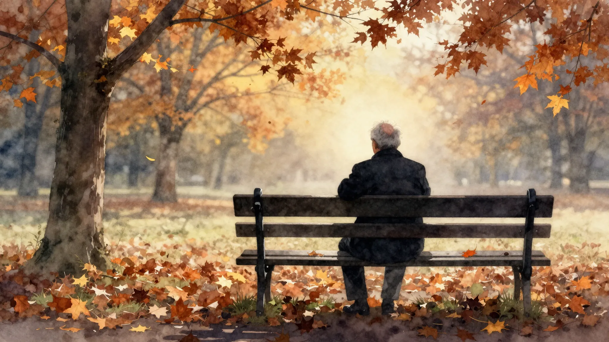 Watercolor style. Silhouette of an old man sitting on a benc...