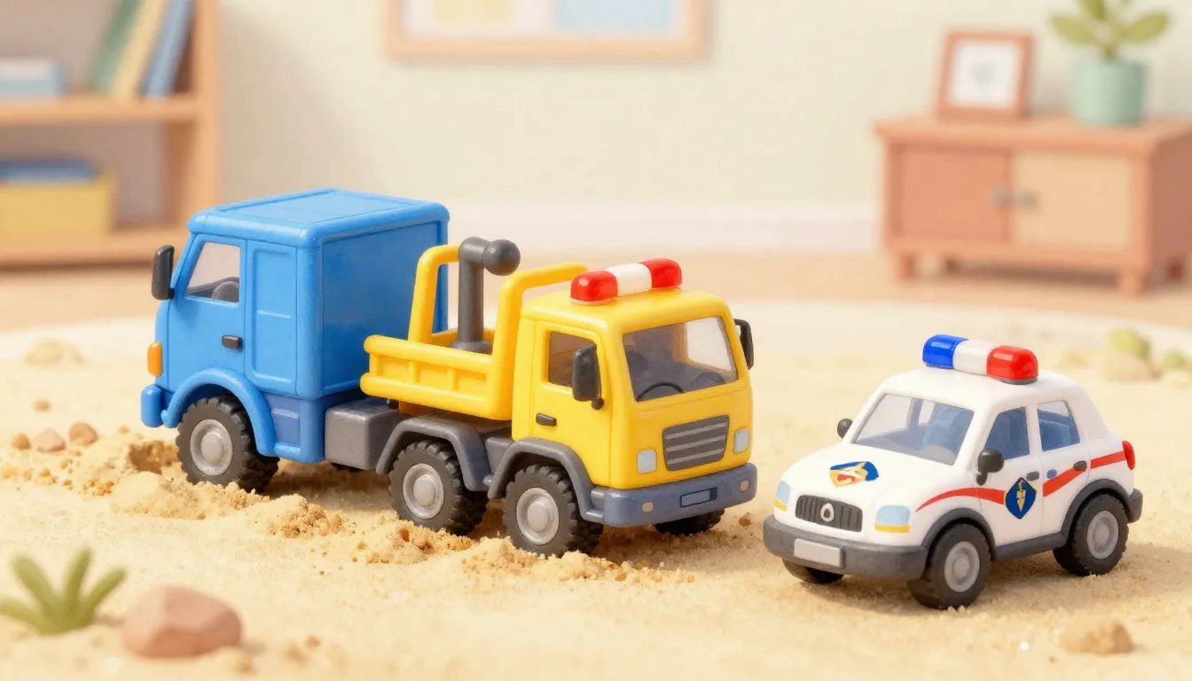 Watercolor style. Toy scene, small blue truck stuck in sand,...
