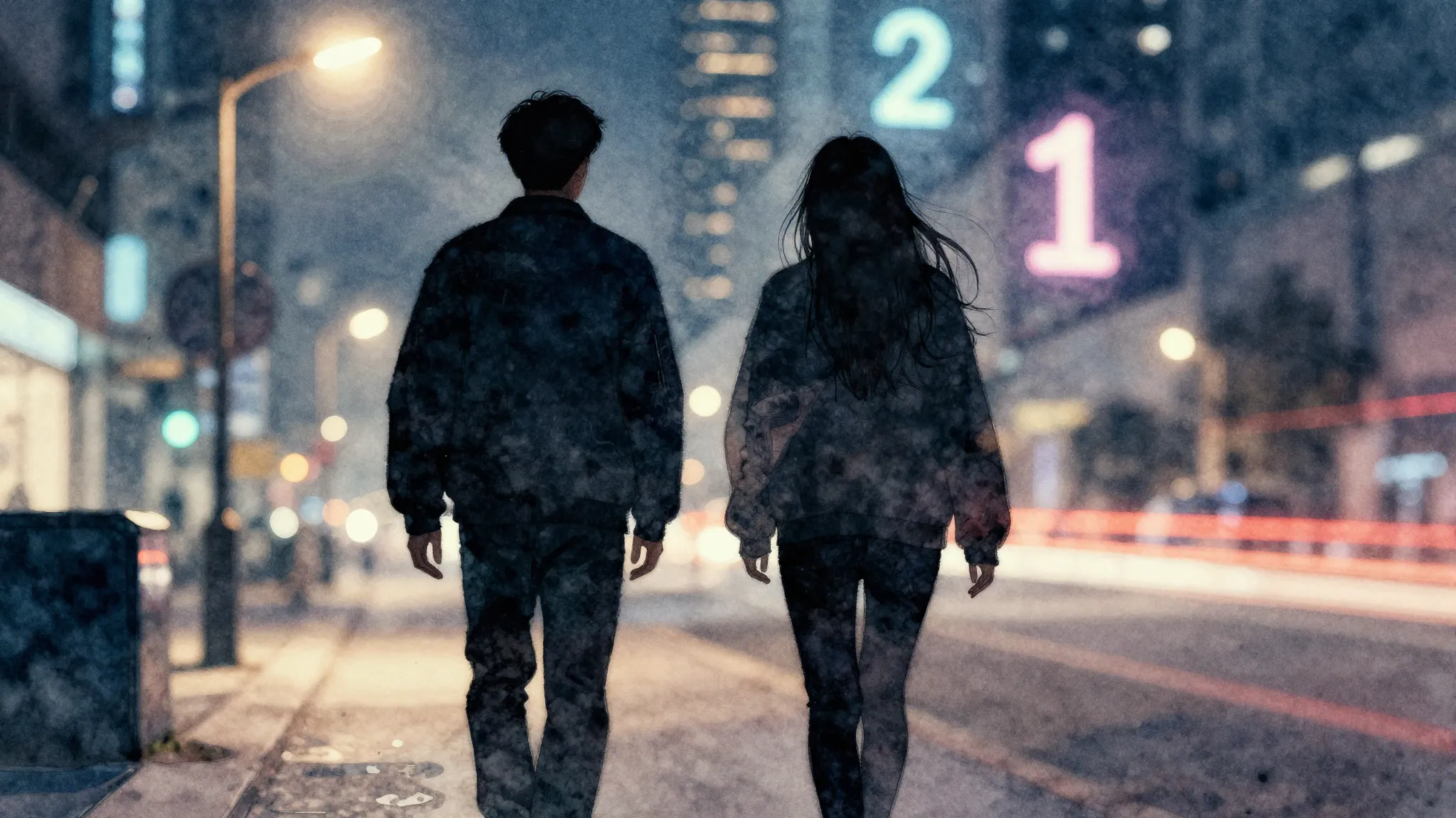 Watercolor style. Two dark silhouettes of friends walking to...