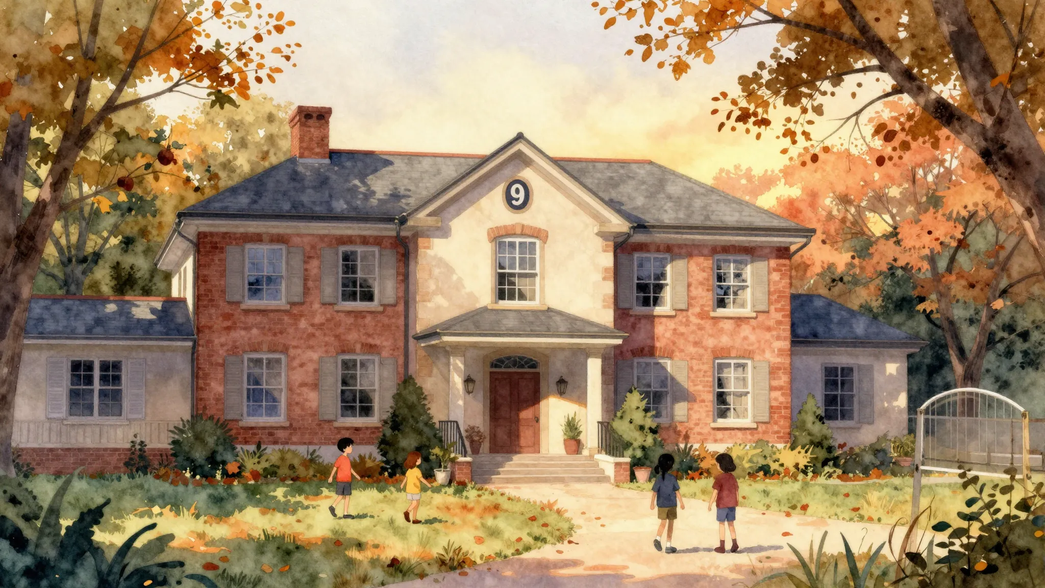 Watercolor style. A beautiful old school building with the n...