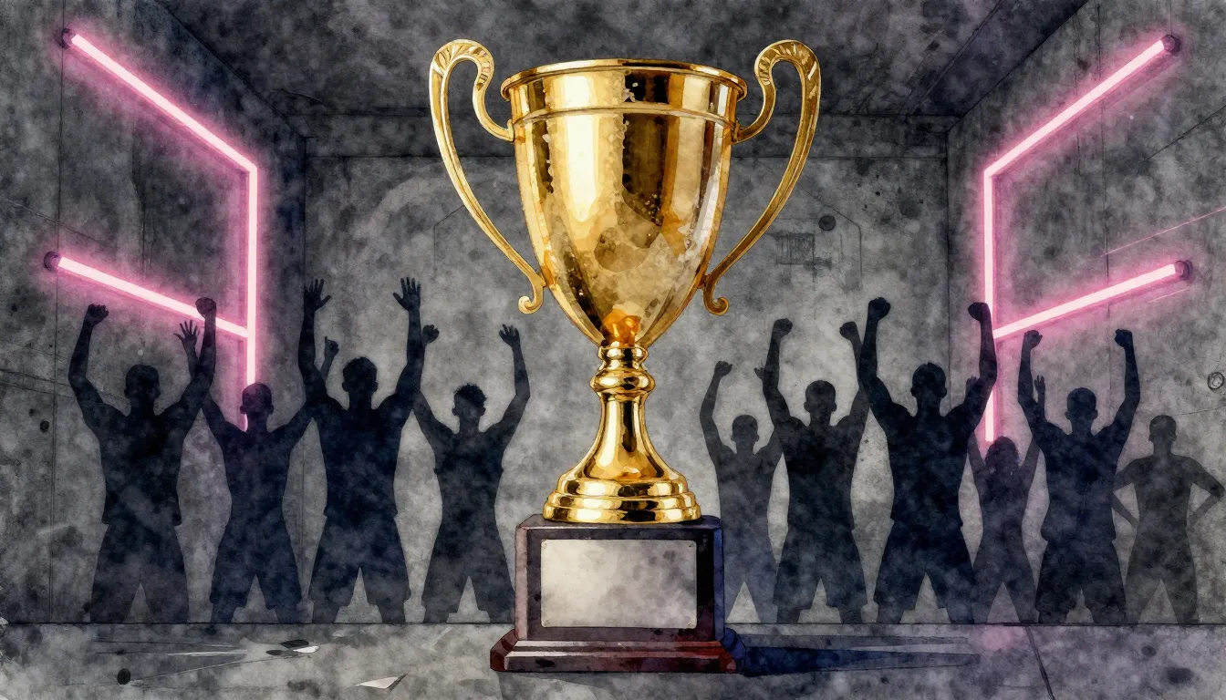 Watercolor style. Golden trophy cup on a dark concrete backg...