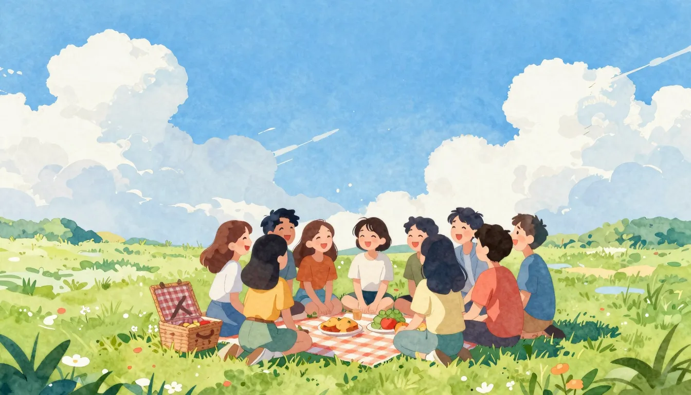 Watercolor style. A bright sunny day, a clear blue sky with ...