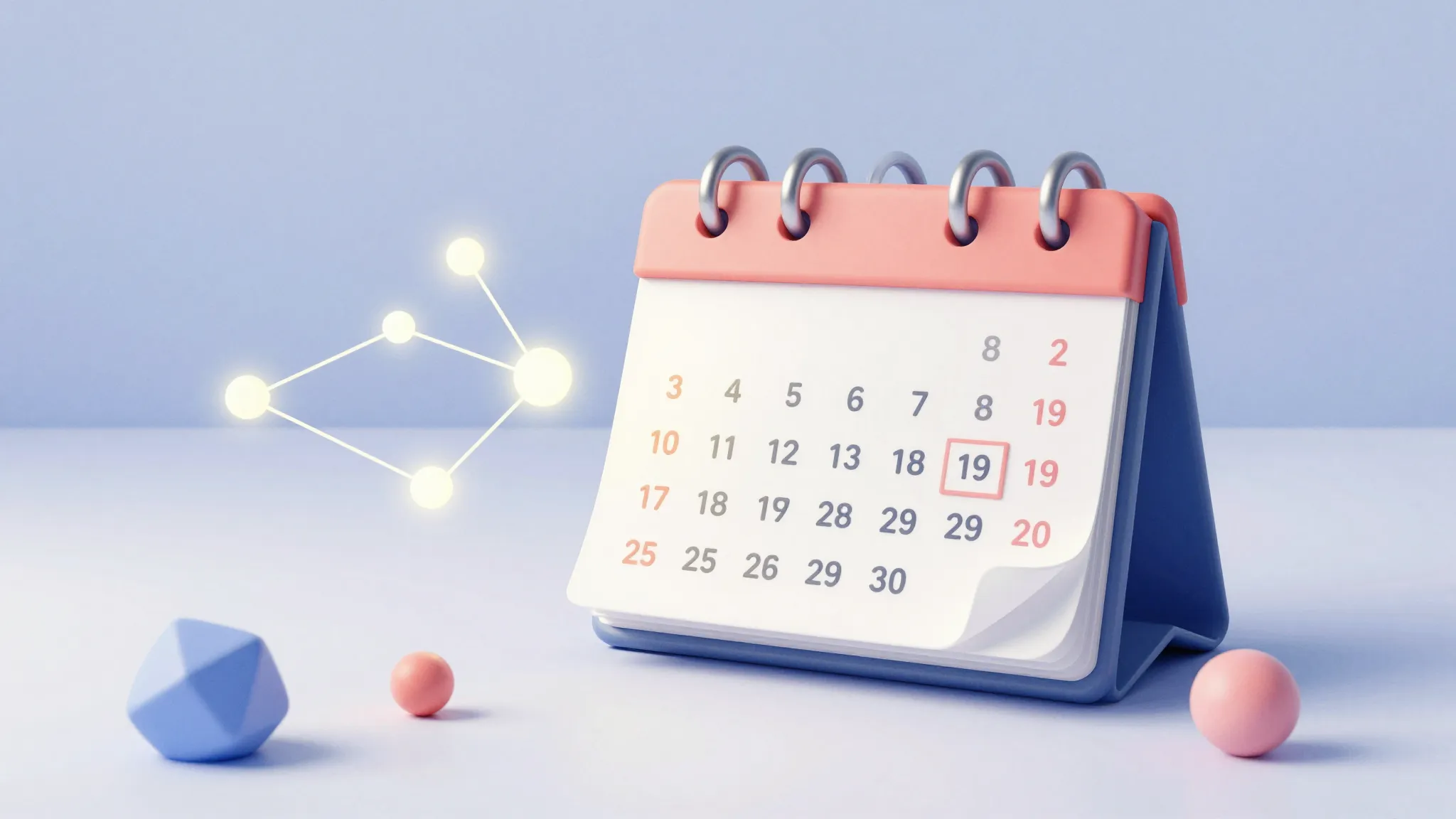Watercolor style. Stylized 3D calendar and glowing nodes rep...