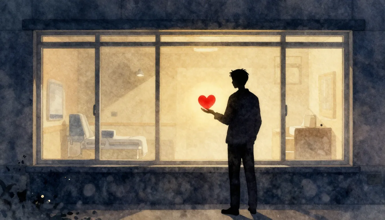 Watercolor style. A silhouette of a man standing outside a l...