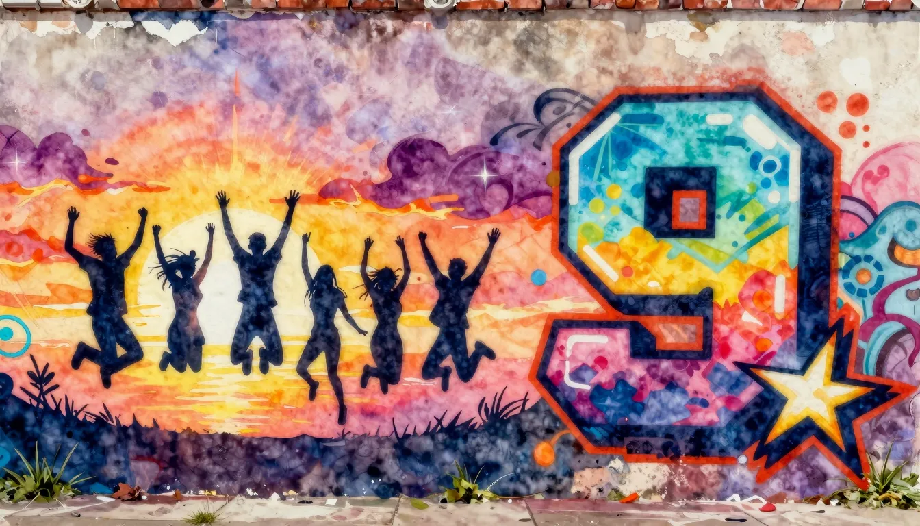 Watercolor style. A vibrant urban graffiti wall with a large...
