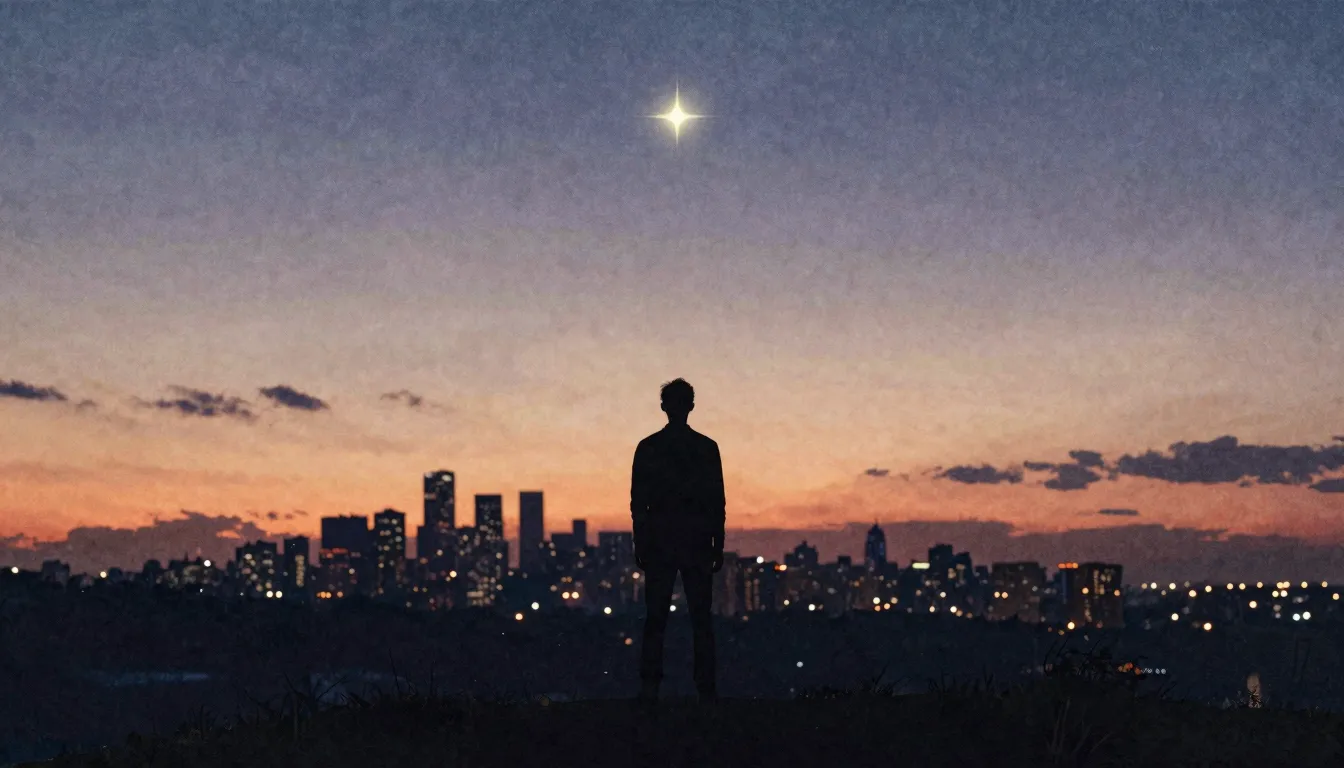 Watercolor style. A lone silhouette of a man stands on a hil...