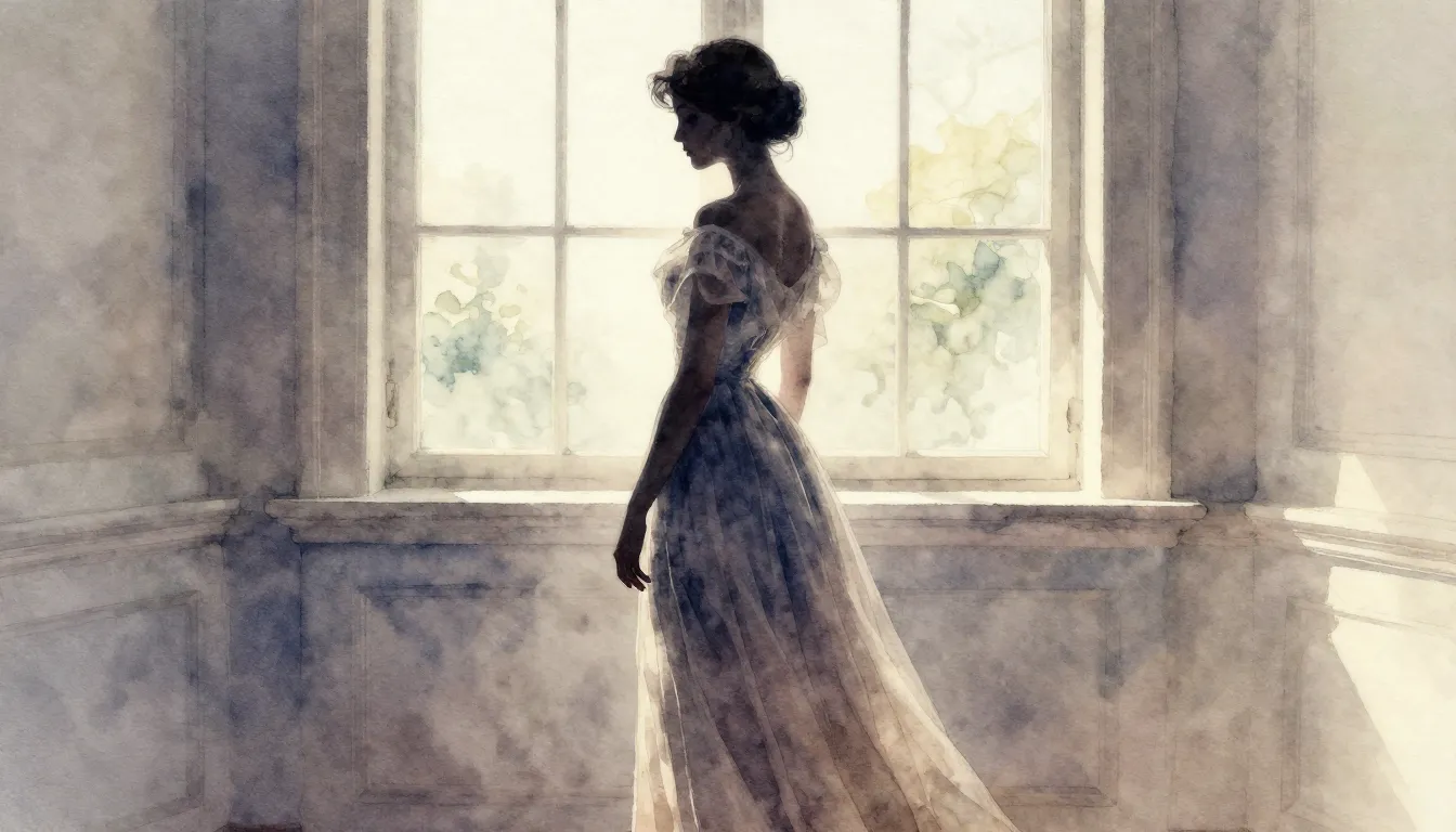 Watercolor style. A silhouette of a young lady in a long flo...