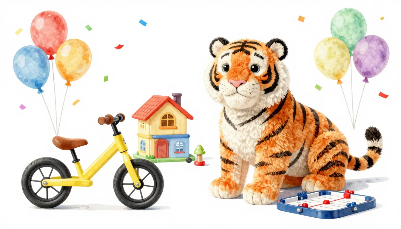 Watercolor style. A festive scene with a large plush tiger, ...