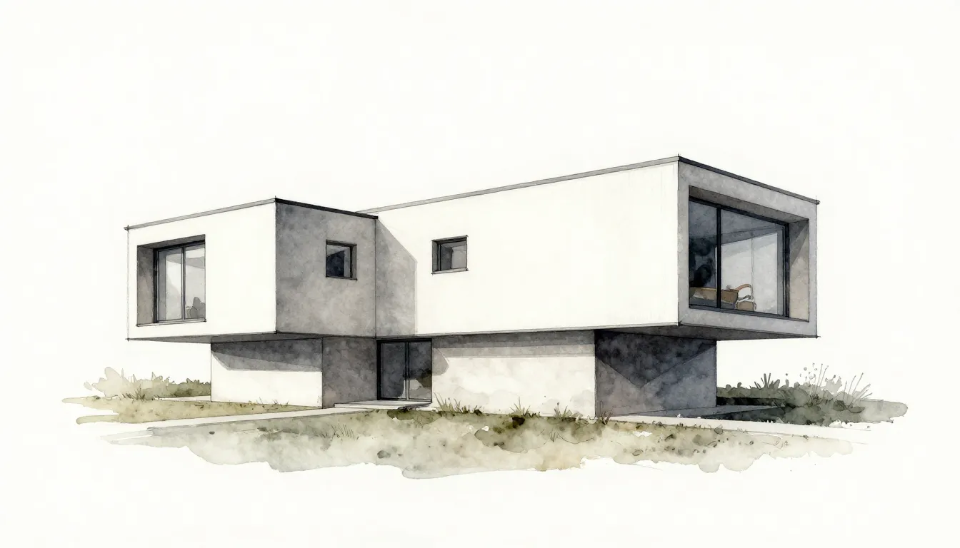 Watercolor style. Minimalist architectural sketch of a moder...