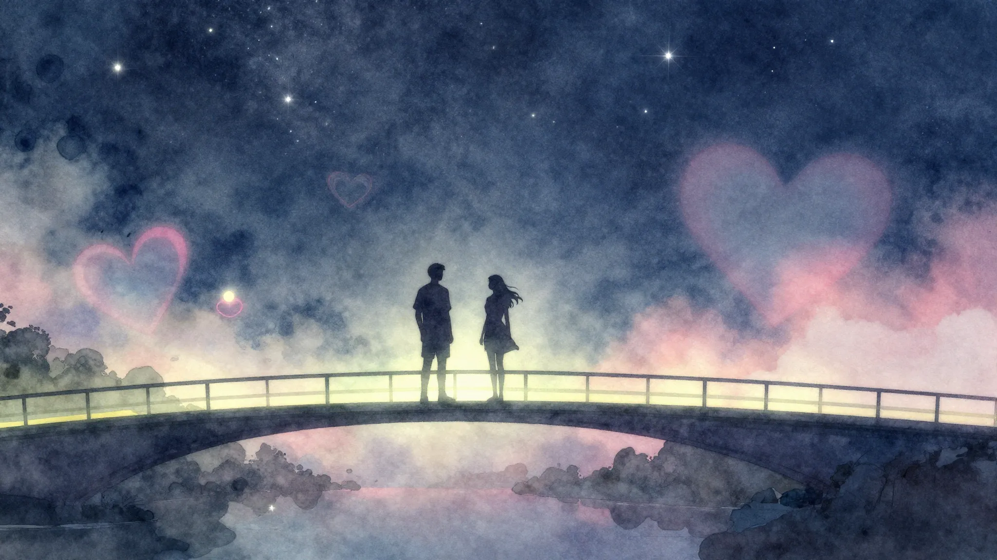 Watercolor style. Silhouette of two figures standing on a gl...