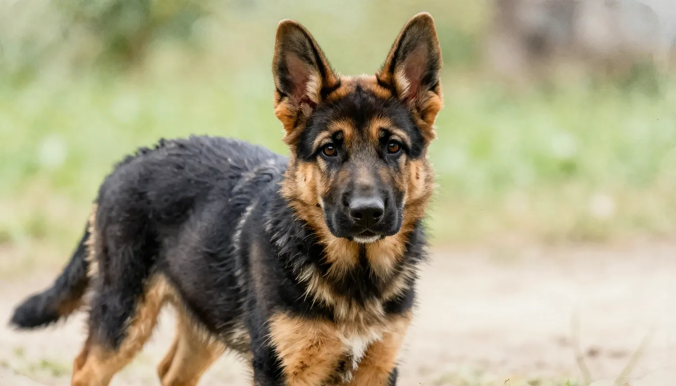 Watercolor style. A beautiful German Shepherd puppy with a b...