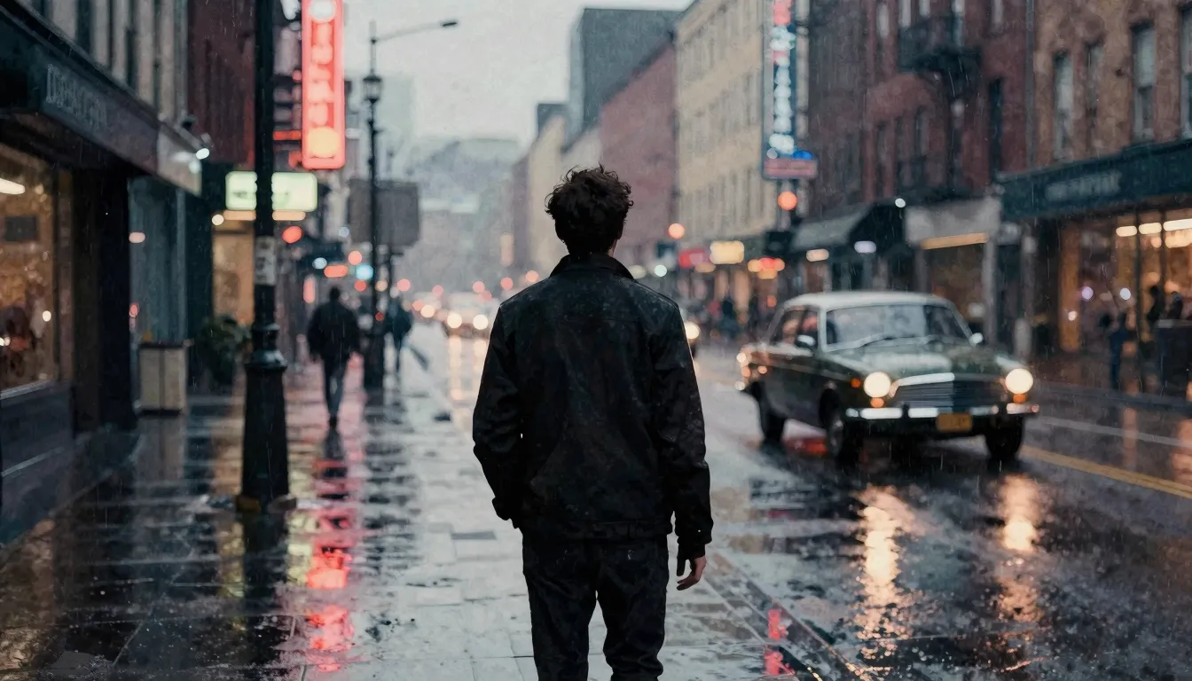 Watercolor style. A silhouette of a man looking at a rainy c...