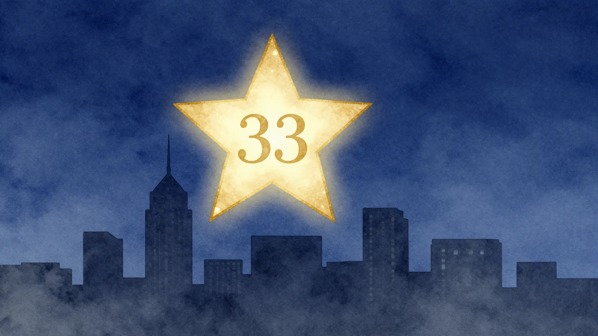 Watercolor style. A glowing golden star with the number 33 i...