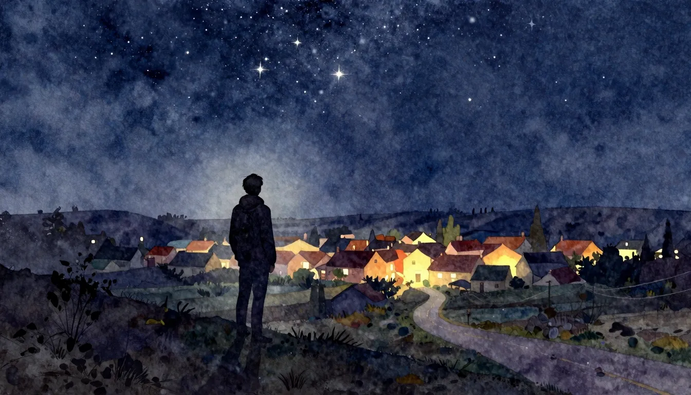 Watercolor style. A lonely silhouette of a person standing o...