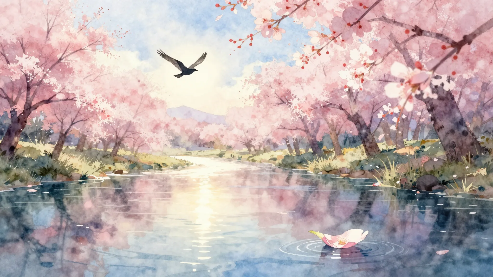 Watercolor style. A beautiful spring landscape with a glowin...