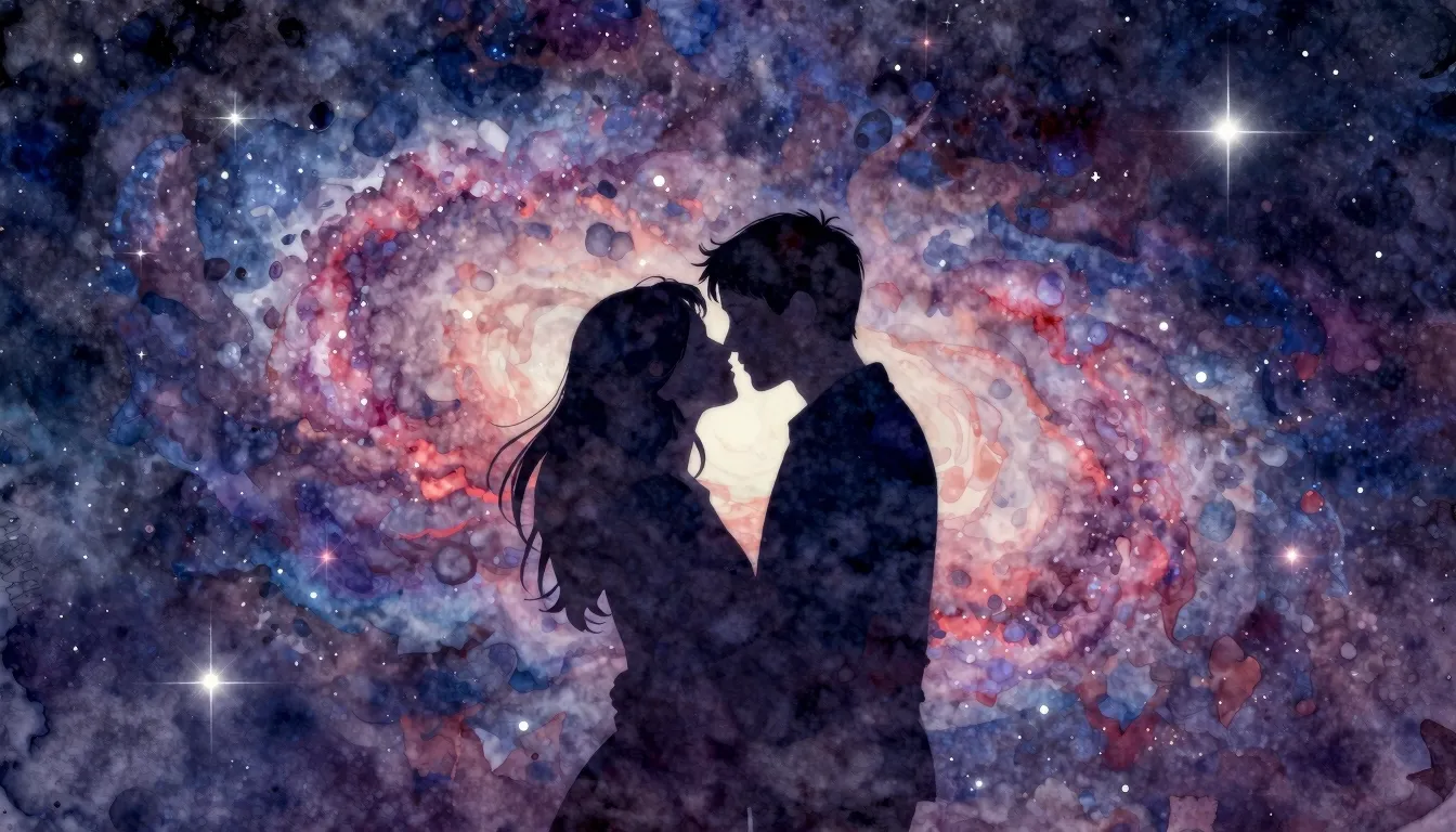 Watercolor style. A silhouette of a couple kissing under a s...