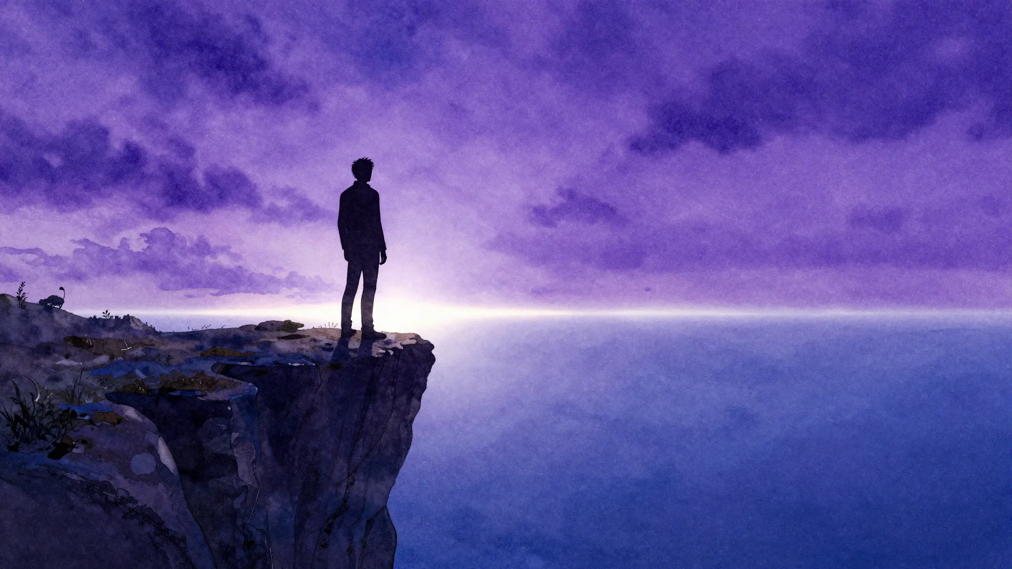 Watercolor style. A dark silhouette of a person standing on ...