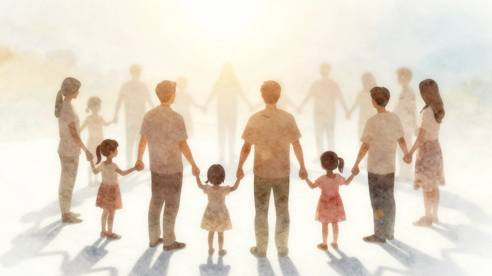 Watercolor style. Minimalist silhouette of adults and childr...