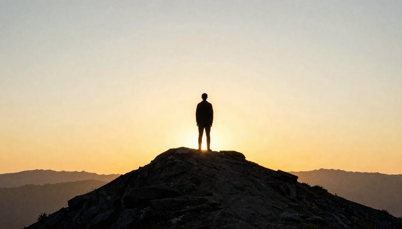 Watercolor style. A dark silhouette of a person standing on ...