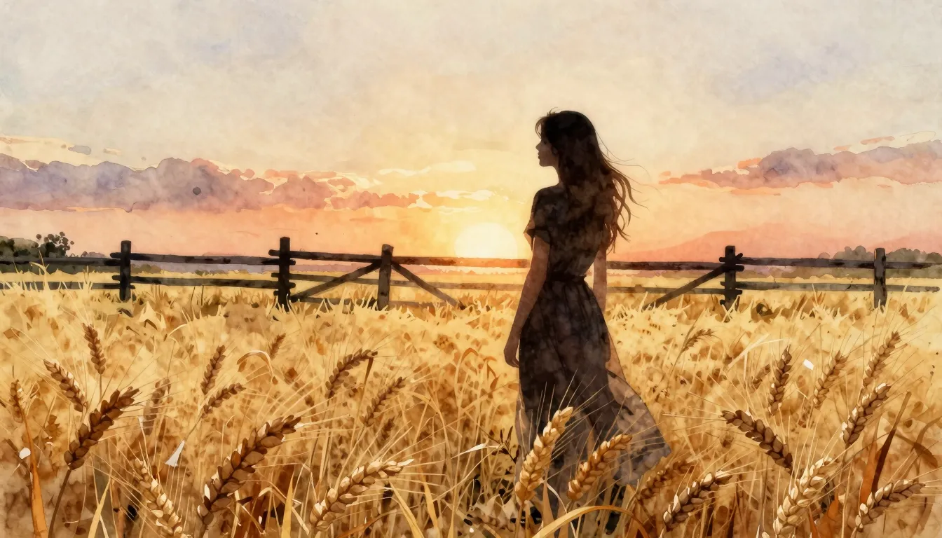 Watercolor style. A silhouette of a woman standing in a gold...