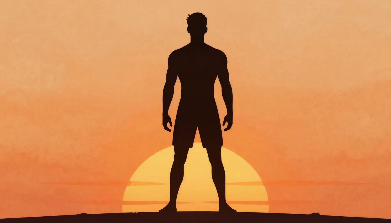 Watercolor style. A tall silhouette of an athletic young man...