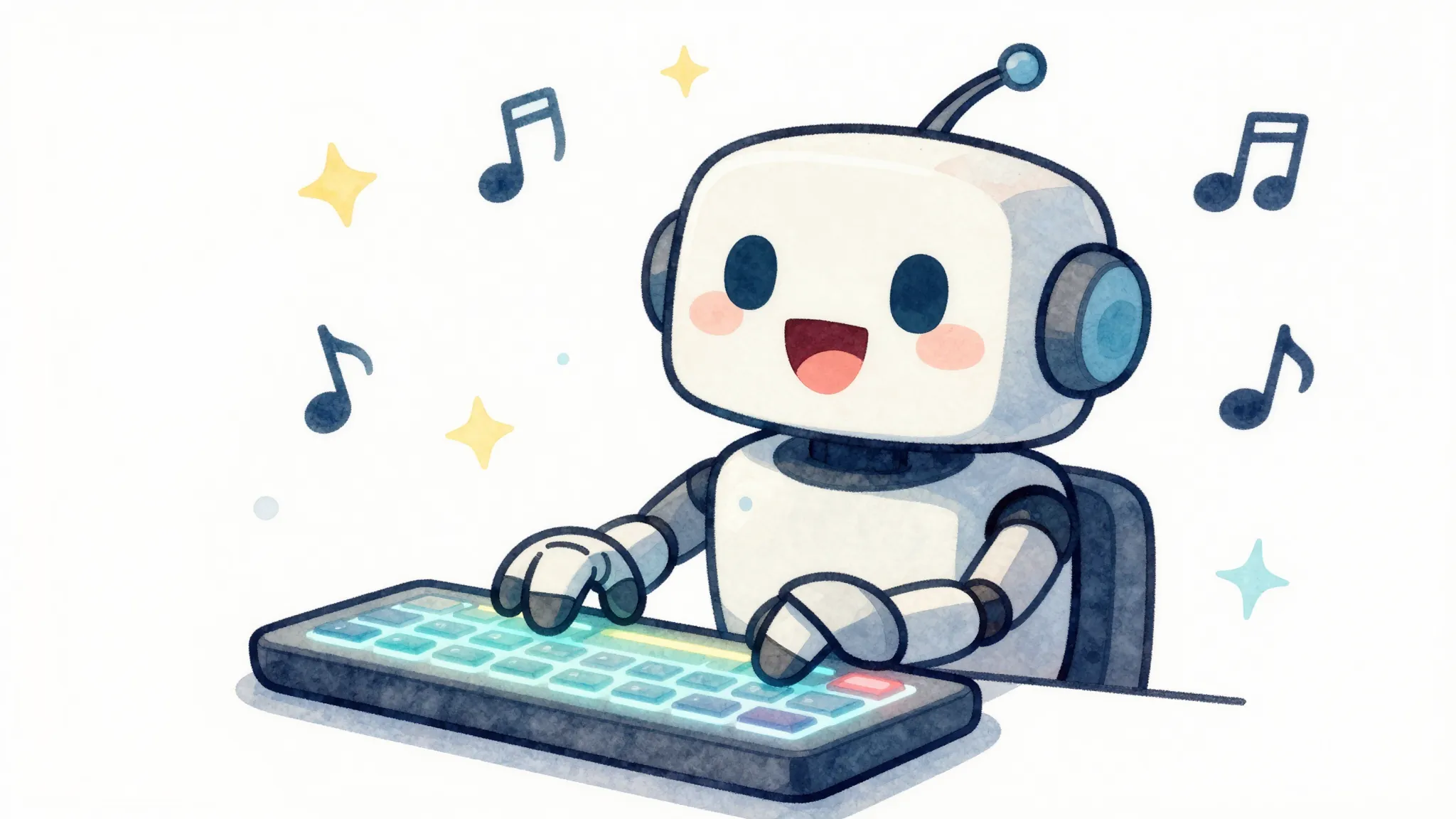 Watercolor style. A cheerful, cartoon robot happily typing o...