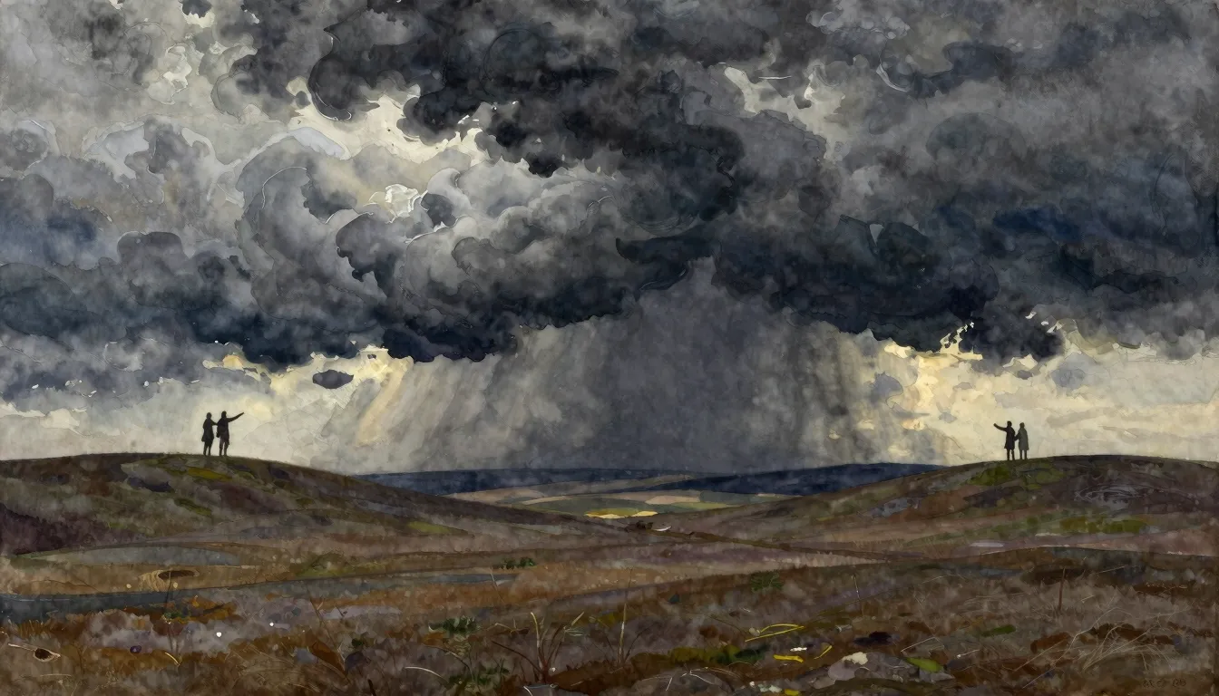 Watercolor style. Dramatic dark stormy clouds gathering over...