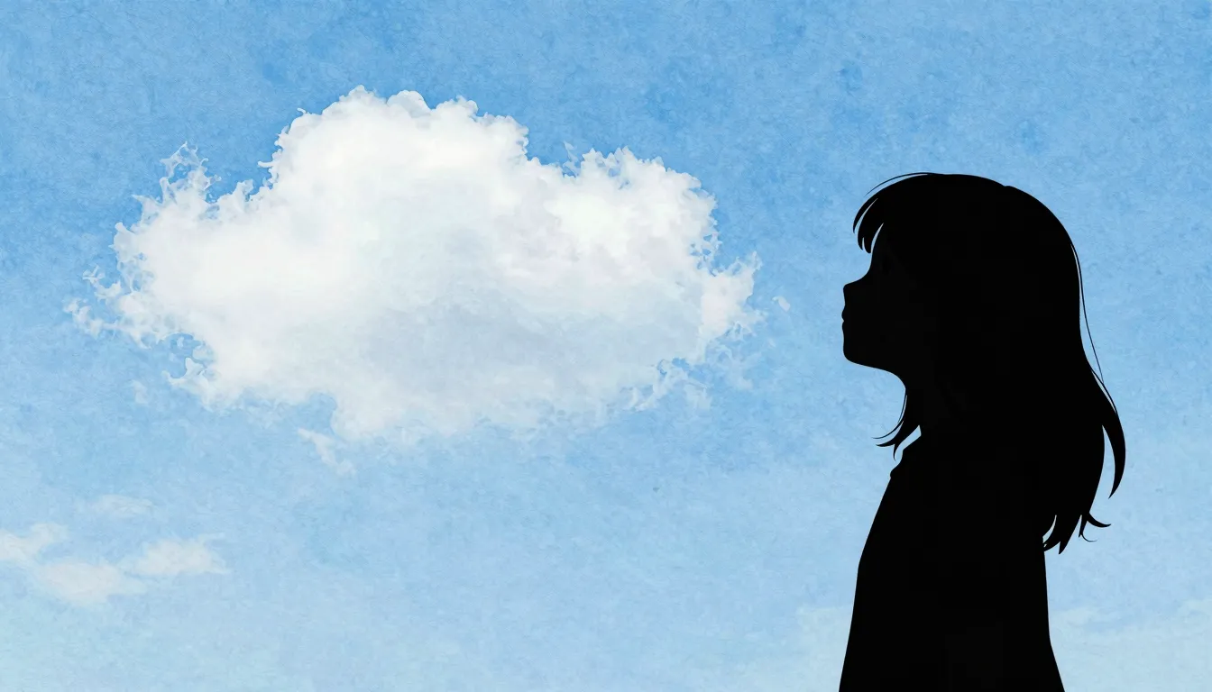 Watercolor style. Silhouette of a young girl looking up at a...