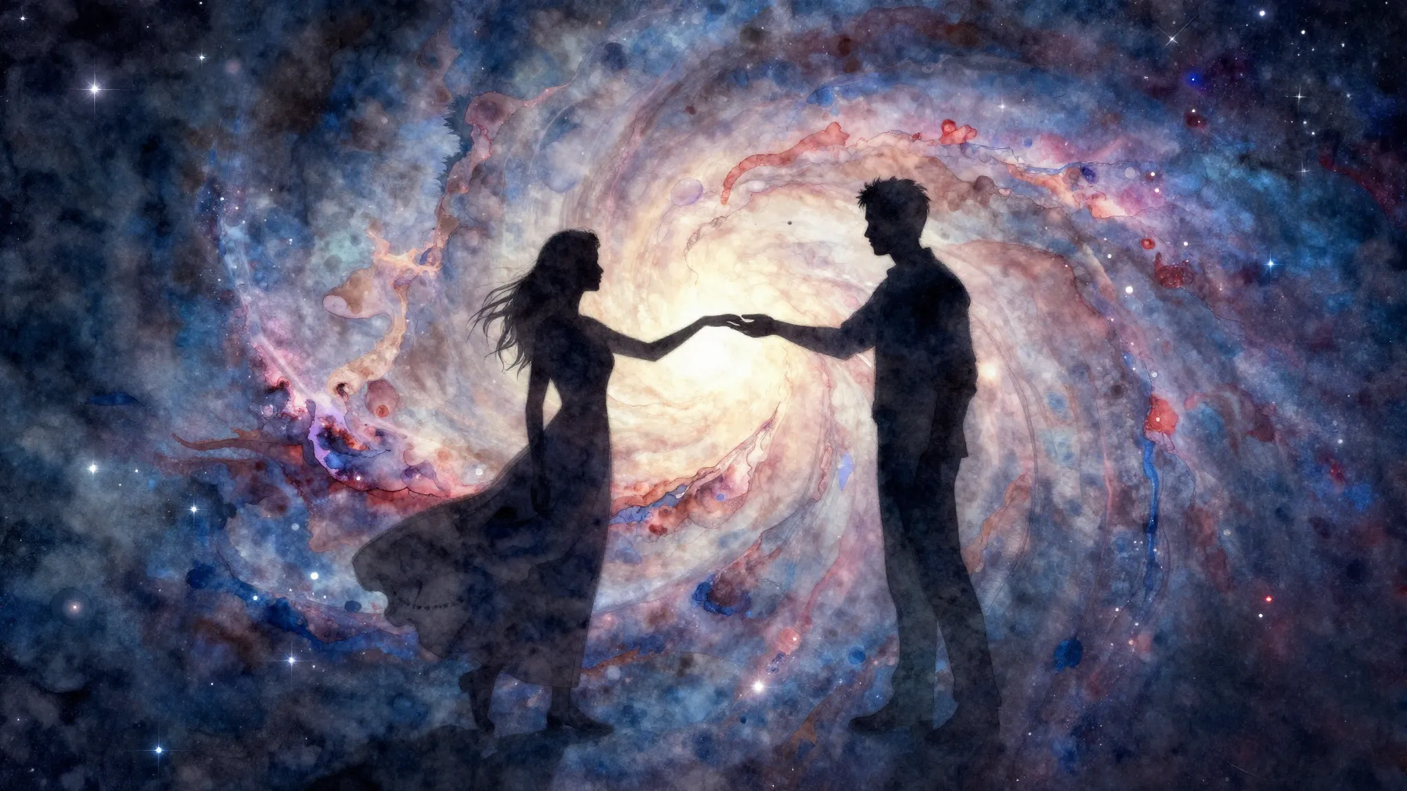 Watercolor style. Silhouette of a man and a woman reaching f...