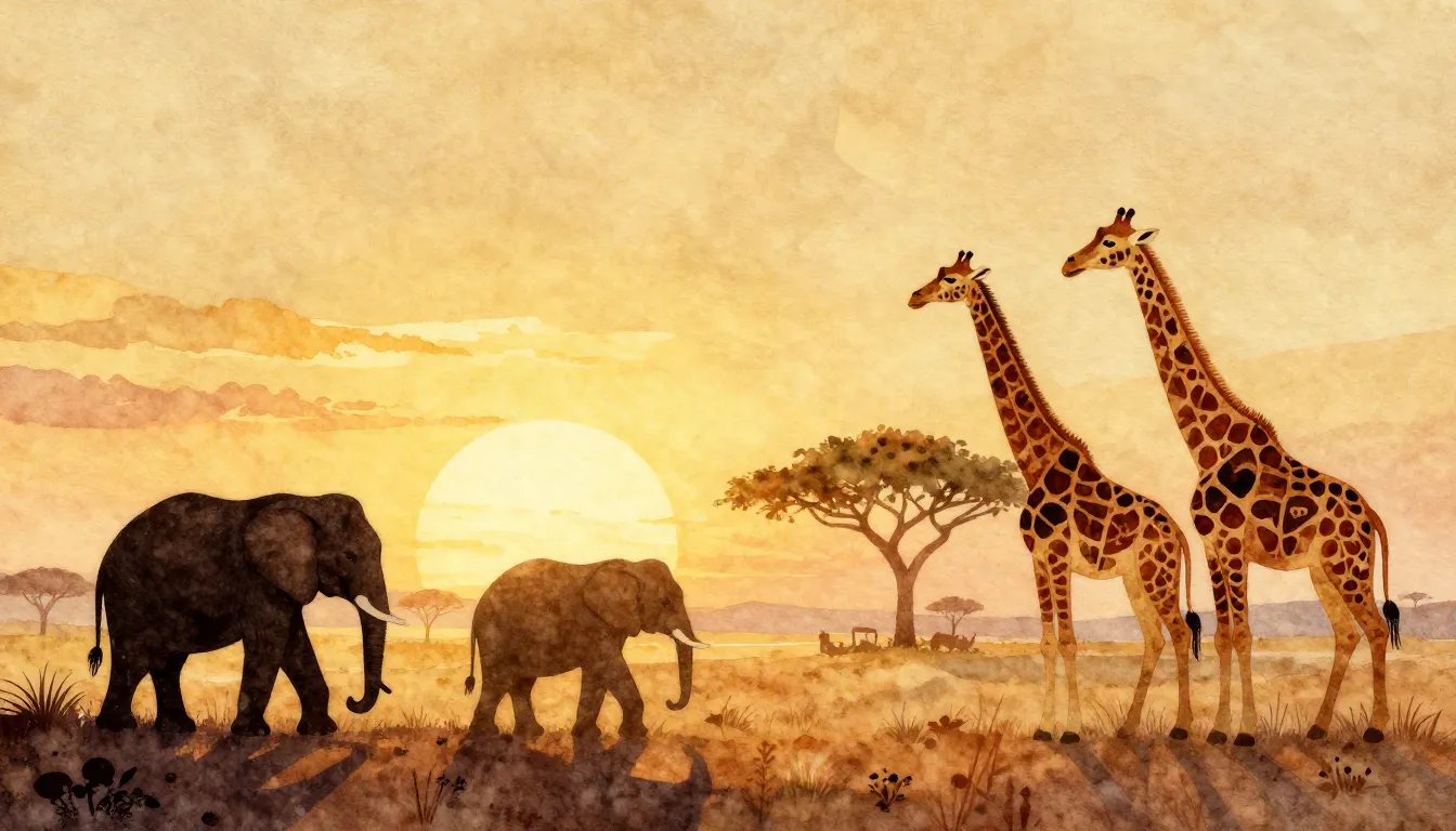 Watercolor style. Silhouette of a traveler in a wide savanna...