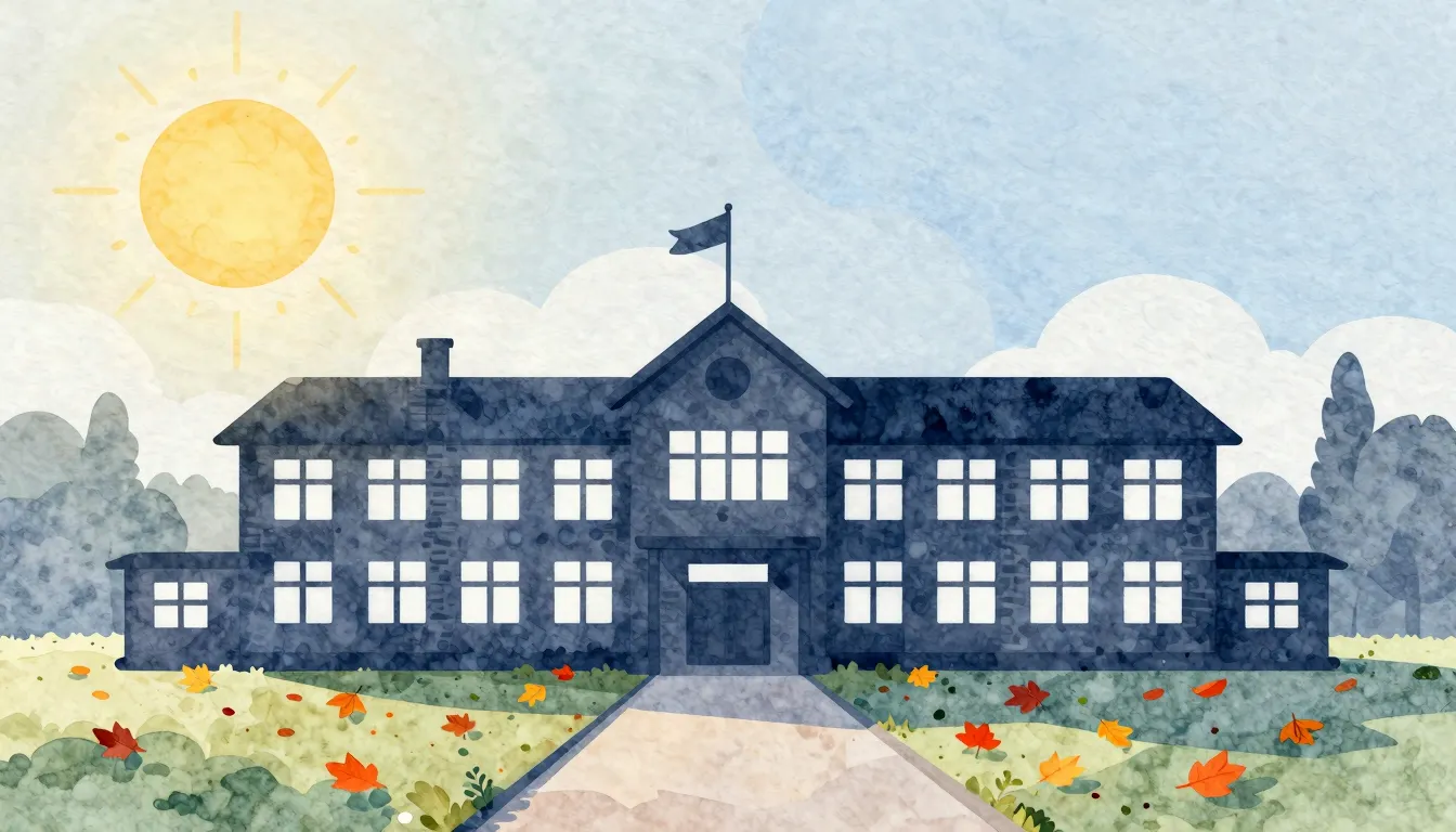 Watercolor style. A silhouette of a small village school bui...