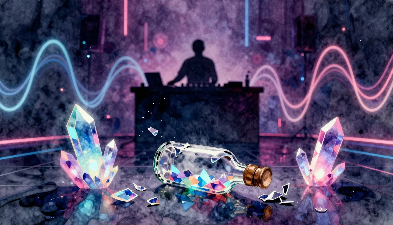 Watercolor style. Neon glowing crystals and a broken glass b...