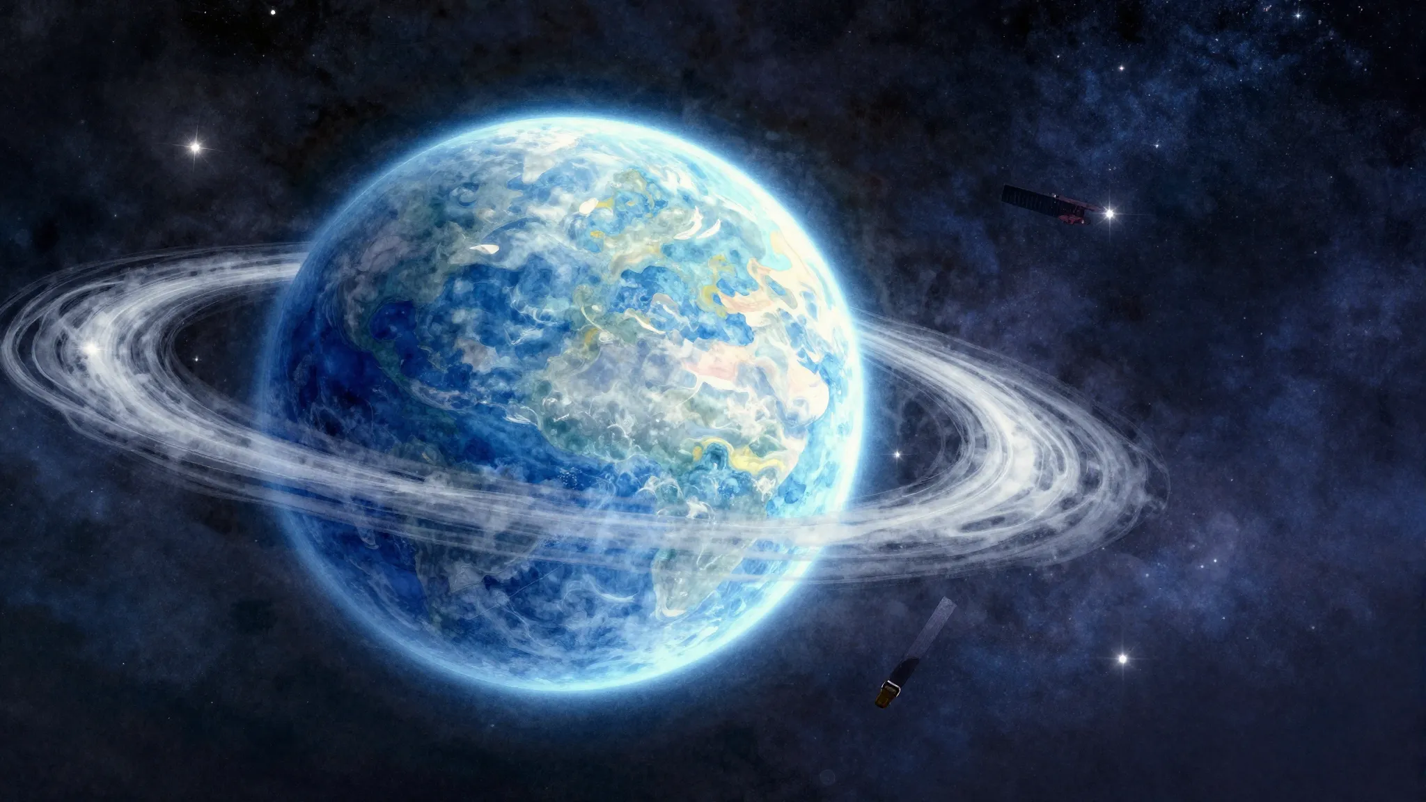 Watercolor style. A glowing new planet in deep space, vibran...