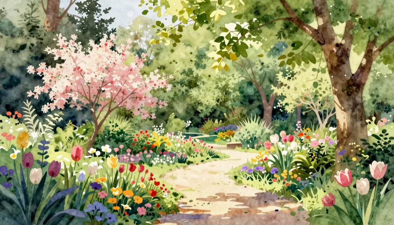 Watercolor style. A serene botanical garden in spring, bloom...