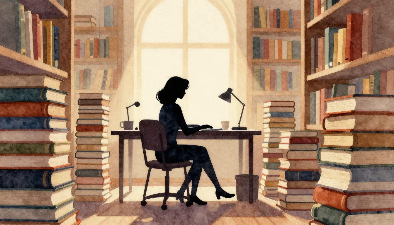 Watercolor style. Silhouette of a woman sitting at a desk su...